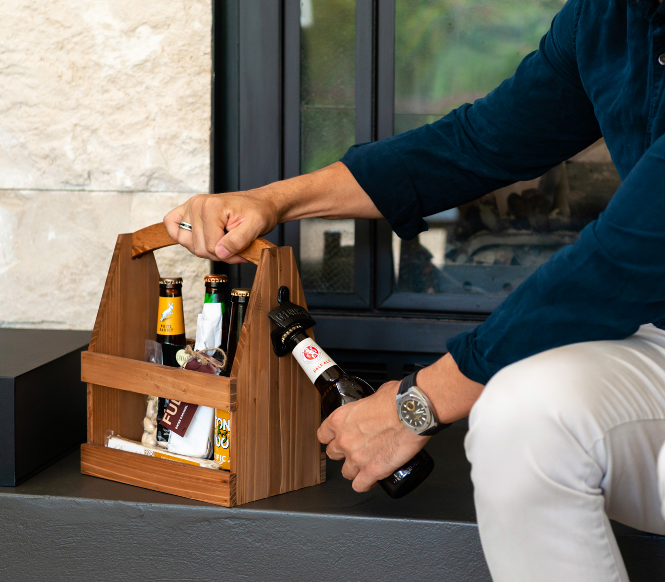 Image of Wooden Beer Caddy with Snacks